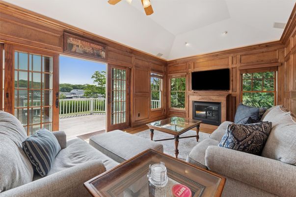 Fireplace, Interior, Living room, Recessed Lighting, Wood Texture Flooring, Wooden Walls