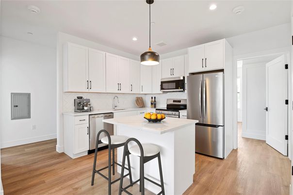 Interior, Kitchen, Pendant Lights, Recessed Lighting, Stainless Steel Appliances, Wood Texture Flooring