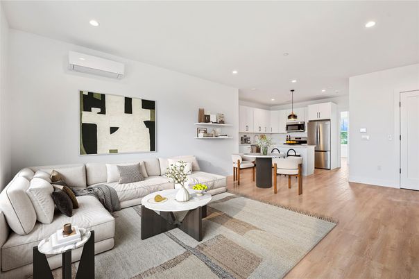 Dining room, Interior, Kitchen, Living room, Pendant Lights, Recessed Lighting, Stainless Steel Appliances, Wood Texture Flooring