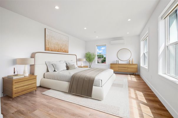 Bedroom, Interior, Recessed Lighting, Wood Texture Flooring