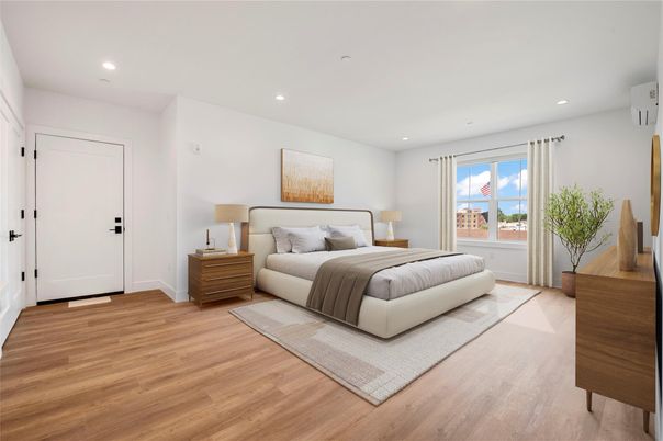 Bedroom, Interior, Recessed Lighting, Wood Texture Flooring