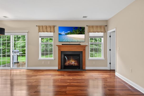 Empty room, Fireplace, Interior, Recessed Lighting, Wood Texture Flooring