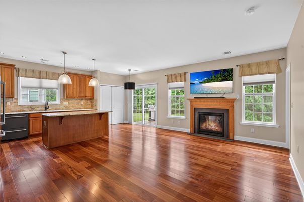 Fireplace, Interior, Kitchen, Pendant Lights, Recessed Lighting, Wood Texture Flooring