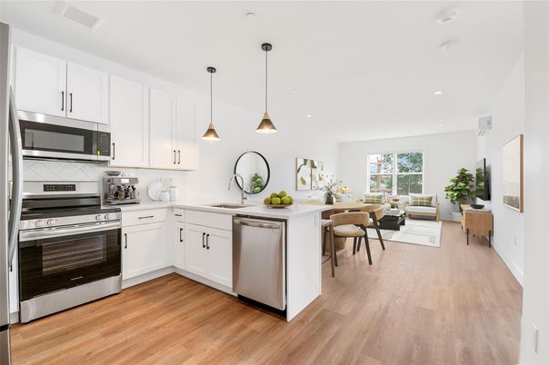 Dining room, Interior, Kitchen, Pendant Lights, Recessed Lighting, Stainless Steel Appliances, Wood Texture Flooring
