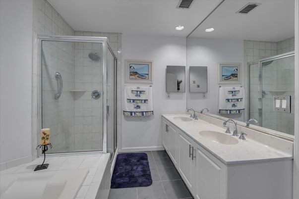 Bathroom, Dual Sink Vanities, Glass Shower, Interior, Recessed Lighting