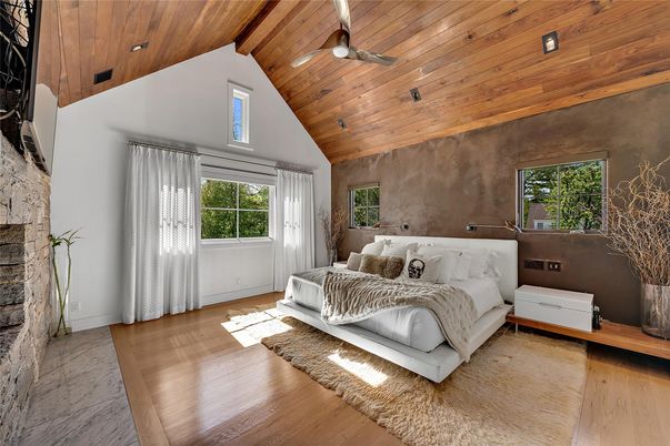 Bedroom, Interior, Recessed Lighting, Wooden Ceilings, Wood Texture Flooring