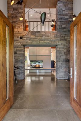 Fireplace, Interior, Pendant Lights, Stone Walls