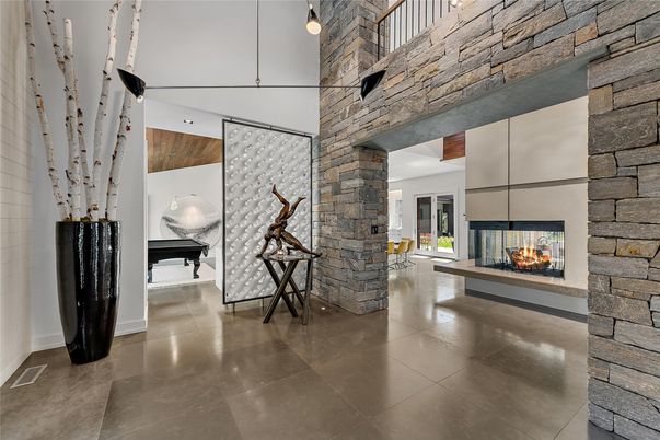 Fireplace, Interior, Pendant Lights, Piano, Stone Walls