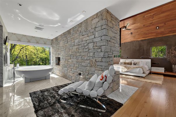 Bathroom, Free Standing Baths, Interior, Recessed Lighting, Stone Walls, Wooden Ceilings, Wood Texture Flooring