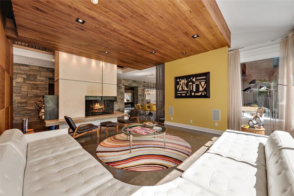 Fireplace, Interior, Living room, Recessed Lighting, Stone Walls, Wooden Ceilings