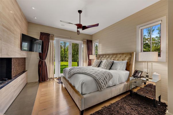 Bedroom, Fireplace, Interior, Recessed Lighting, Wood Texture Flooring