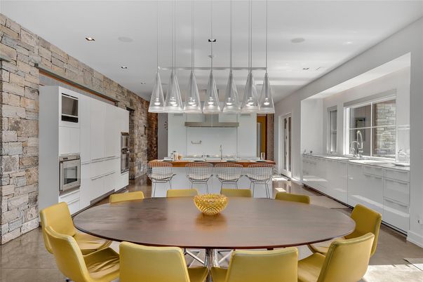 Dining room, Interior, Kitchen, Pendant Lights, Recessed Lighting, Stone Walls