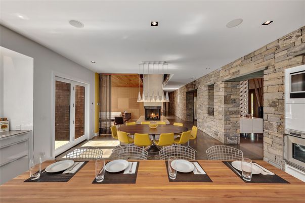 Dining room, Fireplace, Interior, Recessed Lighting, Stone Walls