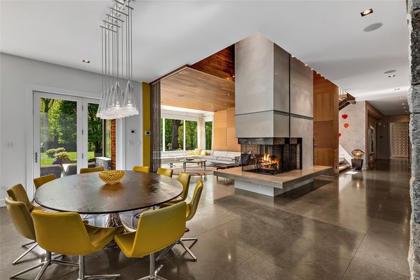 Dining room, Fireplace, Interior, Pendant Lights, Recessed Lighting, Wooden Ceilings