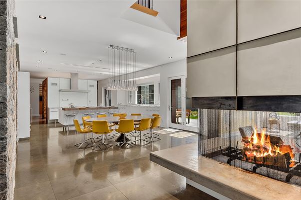 Dining room, Fireplace, Interior, Kitchen, Pendant Lights, Recessed Lighting