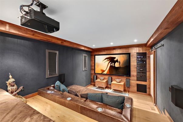 Interior, Projection Screen, Recessed Lighting, Theatre Room, Wood Texture Flooring