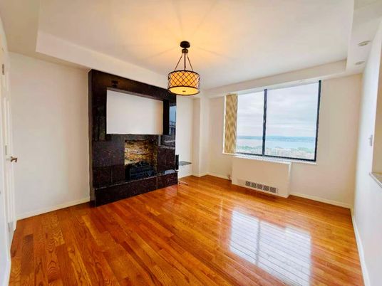 Empty room, Fireplace, Interior, Pendant Lights, Water, Wood Texture Flooring