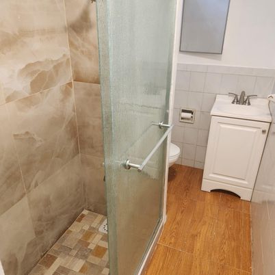 Bathroom, Glass Shower, Interior, Wood Texture Flooring