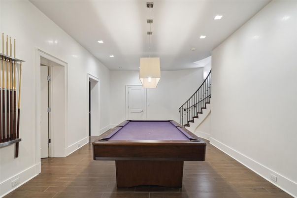 Billiard Table, Game Room, Interior, Pendant Lights, Recessed Lighting, Wood Texture Flooring