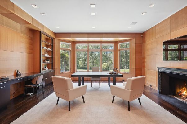 Fireplace, Game Room, Home Office, Interior, Recessed Lighting, Wooden Walls