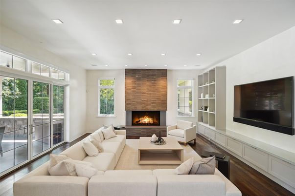 Fireplace, Interior, Living room, Recessed Lighting, Wood Texture Flooring