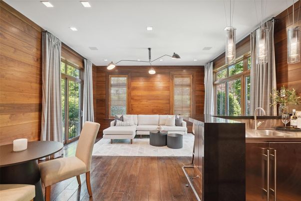 Dining room, Interior, Kitchen, Living room, Pendant Lights, Recessed Lighting, Wood Texture Flooring, Wooden Walls