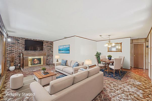 Dining room, Fireplace, Interior, Living room, Pendant Lights, Stone Walls