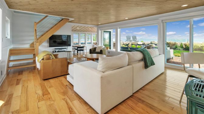 Interior, Living room, Recessed Lighting, Water, Wooden Ceilings, Wood Texture Flooring