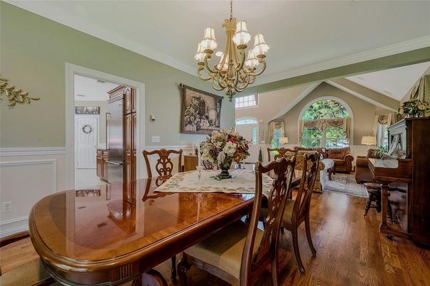 Chandelier, Dining room, Interior, Living room, Piano, Wood Texture Flooring