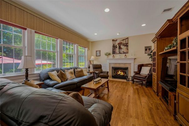 Fireplace, Interior, Living room, Recessed Lighting, Wood Texture Flooring