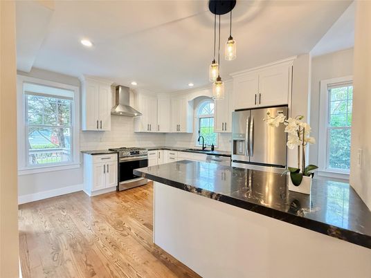 Interior, Kitchen, Pendant Lights, Recessed Lighting, Stainless Steel Appliances, Wood Texture Flooring