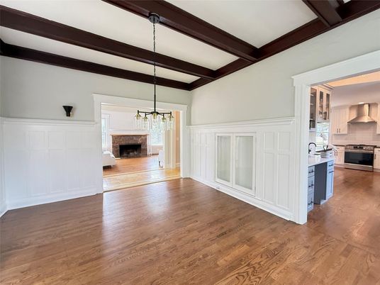 Empty room, Fireplace, Interior, Kitchen, Pendant Lights, Wooden Beams, Wood Texture Flooring