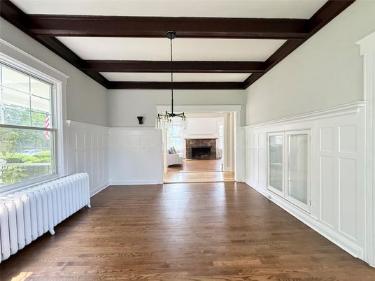 Empty room, Fireplace, Interior, Pendant Lights, Wooden Beams, Wood Texture Flooring