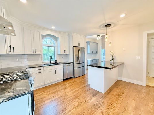 Interior, Kitchen, Pendant Lights, Recessed Lighting, Stainless Steel Appliances, Wood Texture Flooring