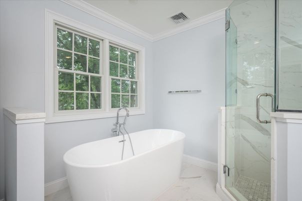 Bathroom, Free Standing Baths, Glass Shower, Interior, Marble, Marble Walls