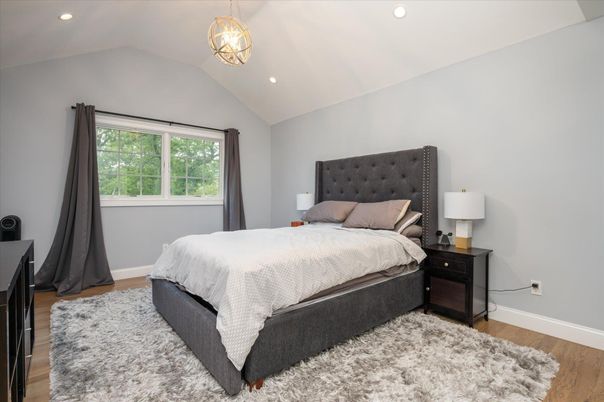 Bedroom, Interior, Pendant Lights, Recessed Lighting, Wood Texture Flooring