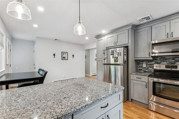 Interior, Kitchen, Pendant Lights, Recessed Lighting, Stainless Steel Appliances, Wood Texture Flooring
