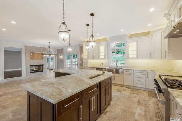 Fireplace, Interior, Kitchen, Pendant Lights, Recessed Lighting, Stainless Steel Appliances