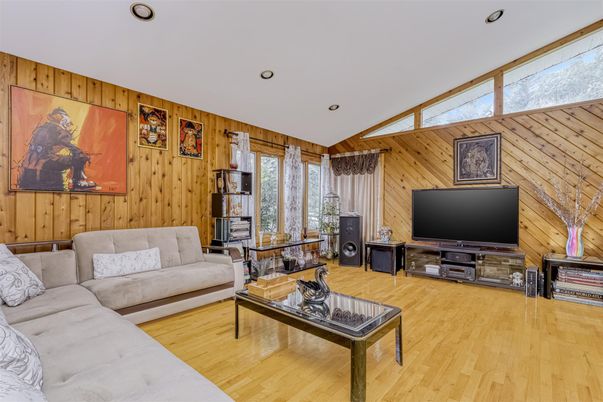 Interior, Living room, Recessed Lighting, Wood Texture Flooring, Wooden Walls