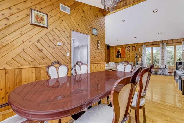 Dining room, Interior, Recessed Lighting, Wood Texture Flooring, Wooden Walls