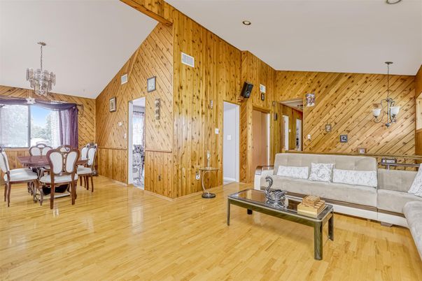 Chandelier, Dining room, Interior, Living room, Pendant Lights, Recessed Lighting, Wood Texture Flooring, Wooden Walls