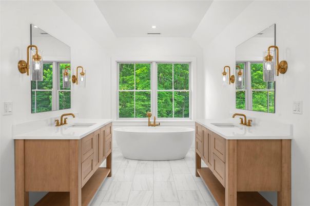 Bathroom, Dual Sink Vanities, Free Standing Baths, Interior, Marble, Recessed Lighting