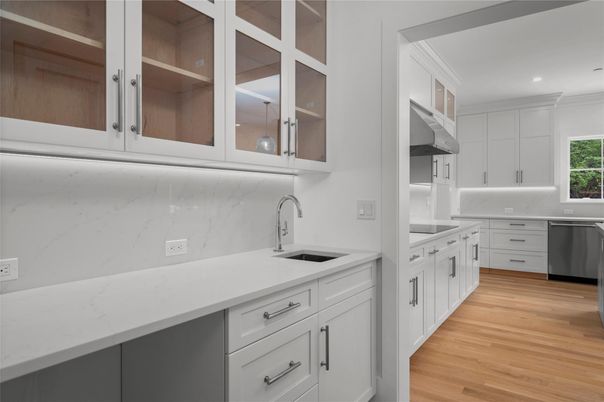 Interior, Kitchen, Marble Walls, Recessed Lighting, Wood Texture Flooring