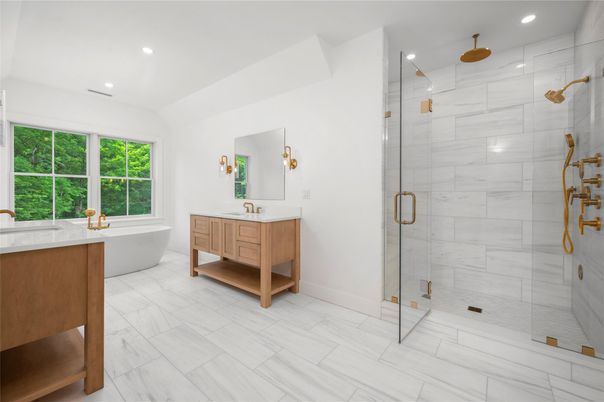 Bathroom, Dual Sink Vanities, Free Standing Baths, Glass Shower, Interior, Marble, Marble Walls, Recessed Lighting