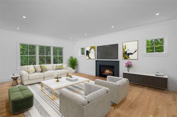 Fireplace, Interior, Living room, Recessed Lighting, Wood Texture Flooring