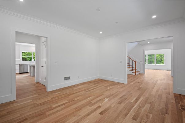 Empty room, Interior, Recessed Lighting, Wood Texture Flooring
