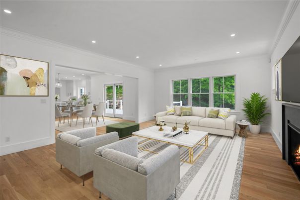 Dining room, Fireplace, Interior, Living room, Pendant Lights, Recessed Lighting, Wood Texture Flooring