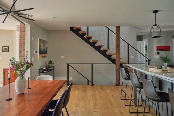 Dining room, Interior, Pendant Lights, Recessed Lighting, Wood Texture Flooring