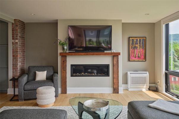 Fireplace, Interior, Recessed Lighting, Stone Walls, Wood Texture Flooring