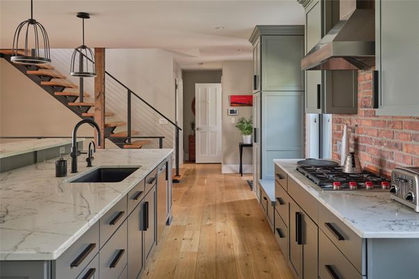 Interior, Kitchen, Pendant Lights, Recessed Lighting, Stainless Steel Appliances, Wood Texture Flooring